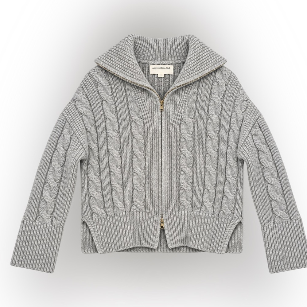 Abercrombie & Fitch Grey Cozy Merino Wool Cable Zip Cardigan- Size Medium